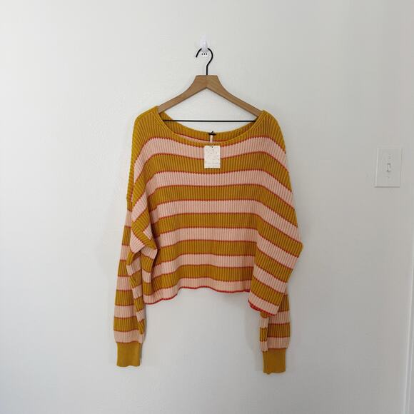 Free People Sweaters - Free People NWT Just My Stripe Pullover Sweater Pink Orange Cotton Oversize M